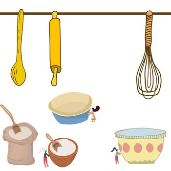 Kitchen set with mixing spoon, bowl, flour, rolling pin, whisk, mixing bowl, sugar bowl and flour sack. Cute little women preparing for baking. 