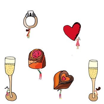 Champagne glasses, diamond ring, red heart and chocolates set for romantic celebration. Tiny women carrying romantic set.