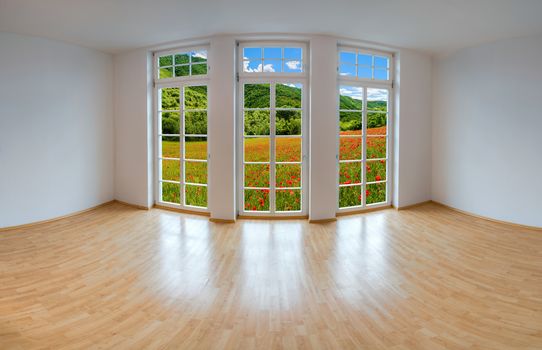 View from an empty apartment through a large window to romantic landscape with poppy flowers