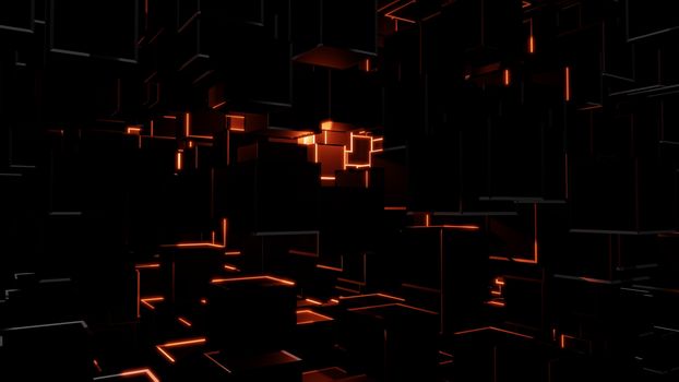 Abstract background consisting of dark cubes and bright red flashes. Visual high detail. The concept of new technologies, virtual space, the future. 3d illustration