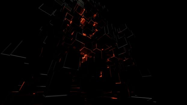 Abstract background consisting of dark cubes and bright red flashes. Visual high detail. The concept of new technologies, virtual space, the future. 3d illustration