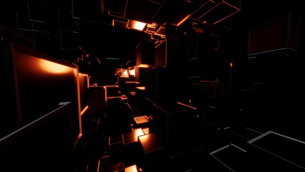 Abstract background consisting of dark cubes and bright red flashes. Visual high detail. The concept of new technologies, virtual space, the future. 3d illustration