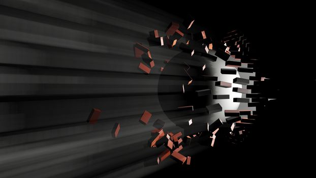 A large black ball smashed a brick wall. Visible light from the hole. 3d illustration. The concept of breaking down barriers, overcoming difficulties and success.