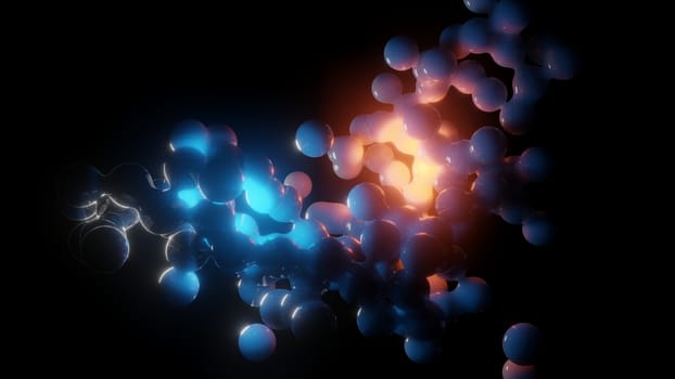 White chaotic spheres and flashes of red and blue light. Abstract 3d illustration for your design