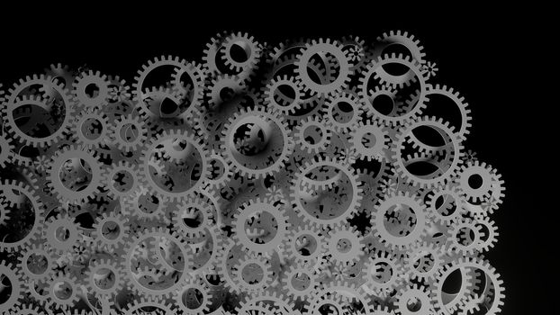 Abstract Background Consisting of White Gears on Dark. 3D Illustration. Infustrial Design Background. Teamwork Concept