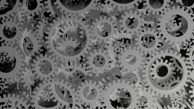 Abstract Background Consisting of White Gears on Dark. 3D Illustration. Infustrial Design Background. Teamwork Concept