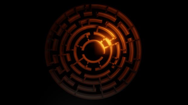 3D circular maze with a bright red flash on a dark background. Business concept. 3d illustration. Top view