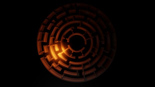 3D circular maze with a bright red flash on a dark background. Business concept. 3d illustration. Top view
