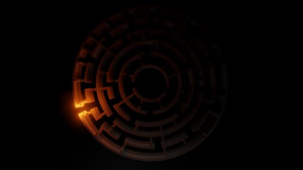 3D circular maze with a bright red flash on a dark background. Business concept. 3d illustration. Top view