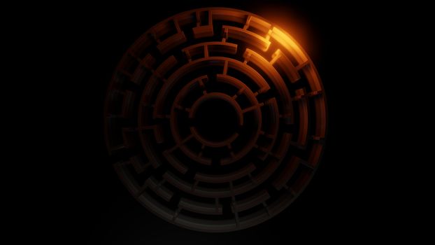 3D circular maze with a bright red flash on a dark background. Business concept. 3d illustration. Top view