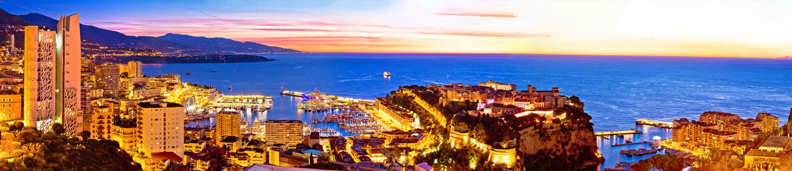 Monte Carlo cityscape colorful evening panoramic view from above, Principality of Monaco