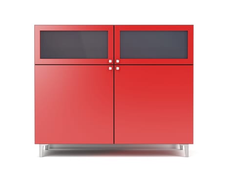 Red storage cabinet on white background, front view