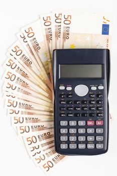 fifty euro banknotes with black calculator