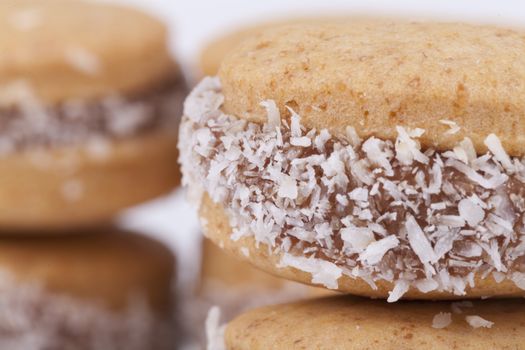 Round cococnut cookie macro close-up with chips