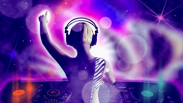 Young blonde woman dj playing music. DJ mixer on table. - 3D rendering