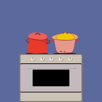Hand Drawn cooking pots set in kitchen and two pot on hob. Hand drawn flat style vector illustration.