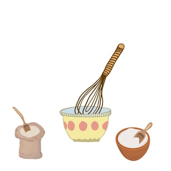Mixing bowl with whisk, sugar an flour with spoon illustration for your recipe. Cute vector illustration. 