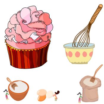 Tiny women mixing for a big cake. Ready made giant cupcake. cute hand drawn illustration