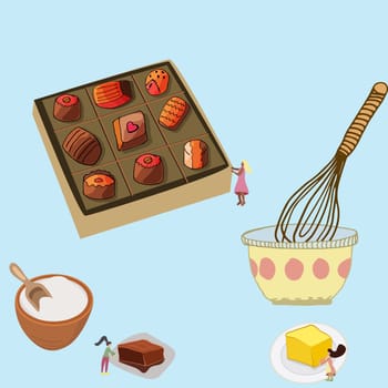 Small women making chocolate and packing in the beautiful box. Pretty vector illustration.