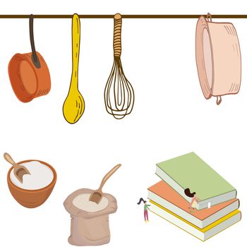 Small girls looking for recipe and getting ready to cook. Cute kitchen set illustration. 