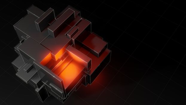 Abstract 3d object consisting of cubes. Red glow inside the object. Dark background and white grid on the floor. Technological 3d illustration for background