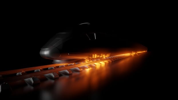 Abstract composition of night high-speed train. Dark background and red glow under the wheels of the train. 3d illustration. The concept of modern trains, fast and comfortable transport