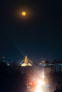 Boudhanath stupa during a full moon night in Kathmandu, Nepal