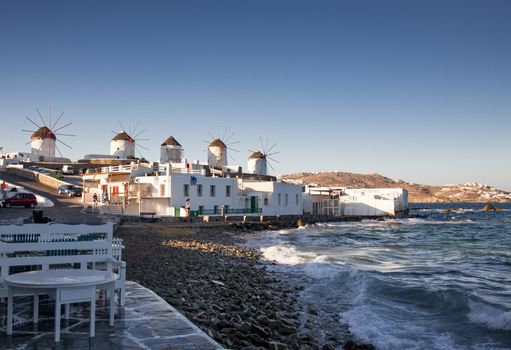 famous view  Traditional windmills on the island Mykonos, Greece