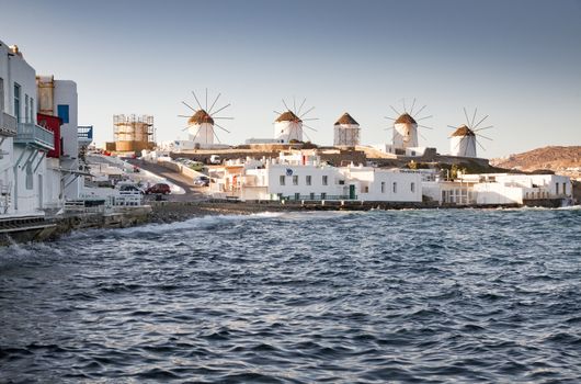 famous view  Traditional windmills on the island Mykonos, Greece
