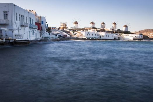 famous view  Traditional windmills on the island Mykonos, Greece