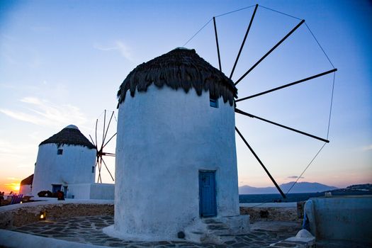 famous view  Traditional windmills on the island Mykonos, Greece