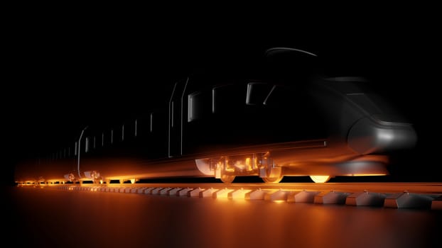 Abstract composition of night high-speed train. Dark background and red glow under the wheels of the train. 3d illustration. The concept of modern trains, fast and comfortable transport