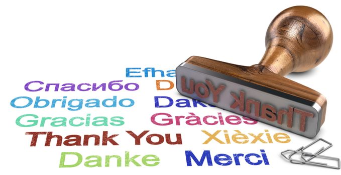 3D illustration of a rubber stamp with a thank you message written in several languages. Multilingual communication Concept