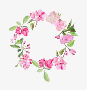 Watercolor beauty wreath with blossom pink cherry and apple tree flowers illustration