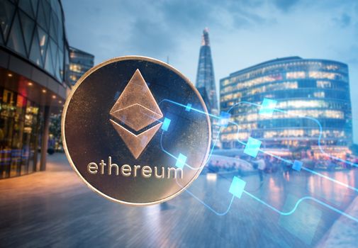 ethereum against skyscrapers - futuristic smart city - cryptocurrency concept