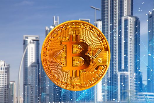 bitcoin against skyscrapers - futuristic smart city - cryptocurrency concept