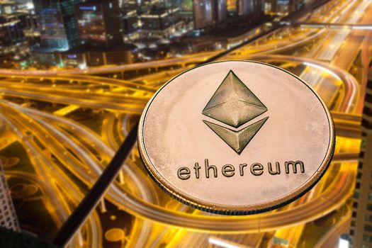 ethereum against skyscrapers - futuristic smart city - cryptocurrency concept
