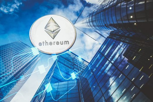 ethereum agains skyscrapers - futuristic smart city - cryptocurrency concept