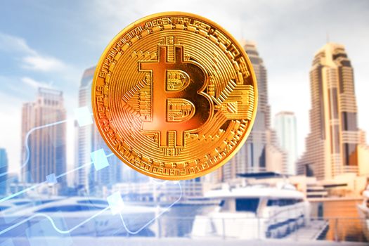 bitcoin agains skyscrapers - futuristic smart city - cryptocurrency concept