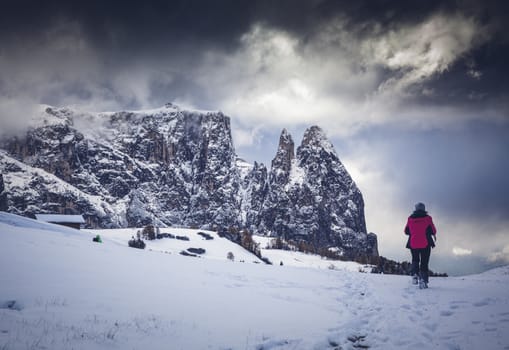 snowy early winter landscape in Alpe di Siusi.  Dolomites,  Italy - winter holidays destination