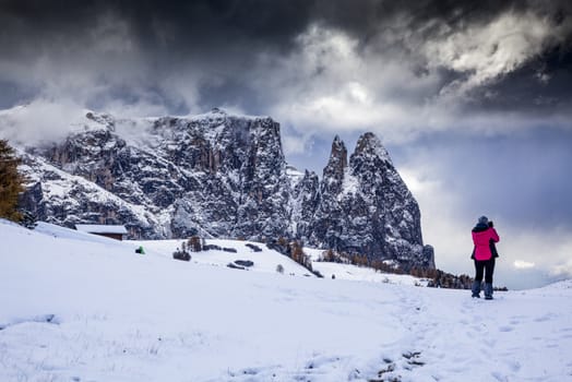 snowy early winter landscape in Alpe di Siusi.  Dolomites,  Italy - winter holidays destination