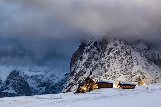 snowy early winter landscape in Alpe di Siusi.  Dolomites,  Italy - winter holidays destination