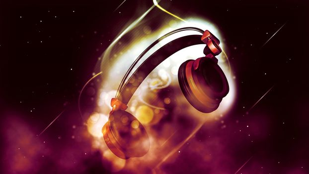 Red Headphones Illustration at bokeh background - 3d rendering