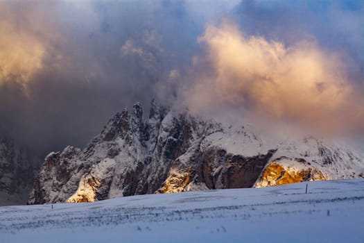 snowy early winter landscape in Alpe di Siusi.  Dolomites,  Italy - winter holidays destination