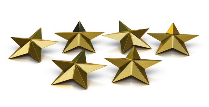 3D illustration of six golden stars over white background