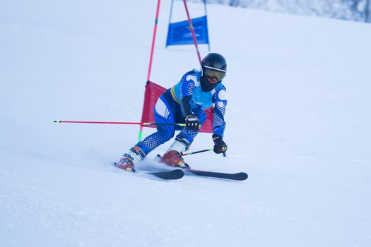 Athlete engaged in the race of super g , giant slalom downhill alpine ski racer professional