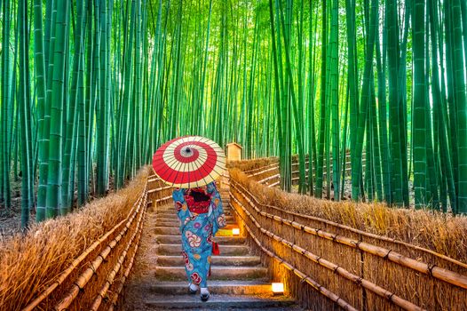 Bamboo Forest. Asian woman wearing japanese traditional kimono at Bamboo Forest in Kyoto, Japan.