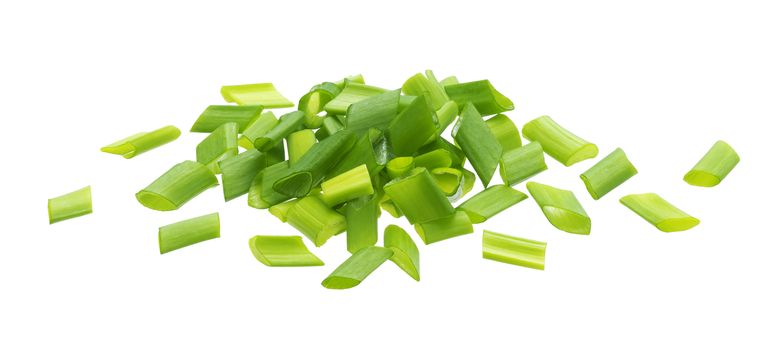 Chopped chives, fresh cut green onions isolated on white background with clipping path
