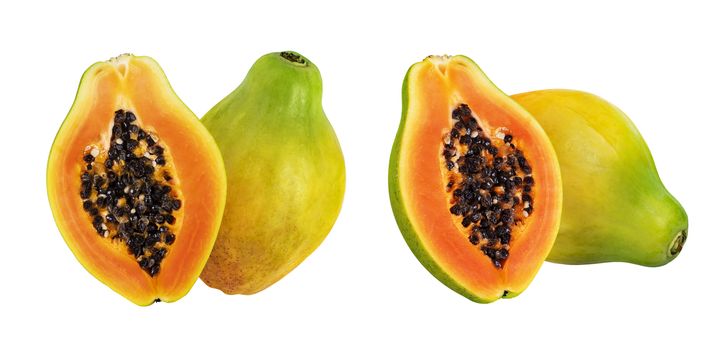 Whole and half of ripe papaya fruit isolated on white background with clipping path