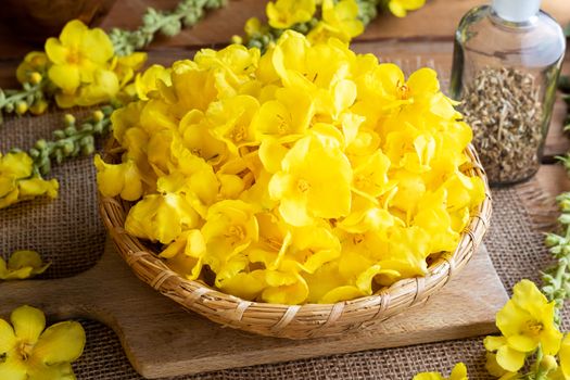 Fresh mullein flowers in a basket on a table